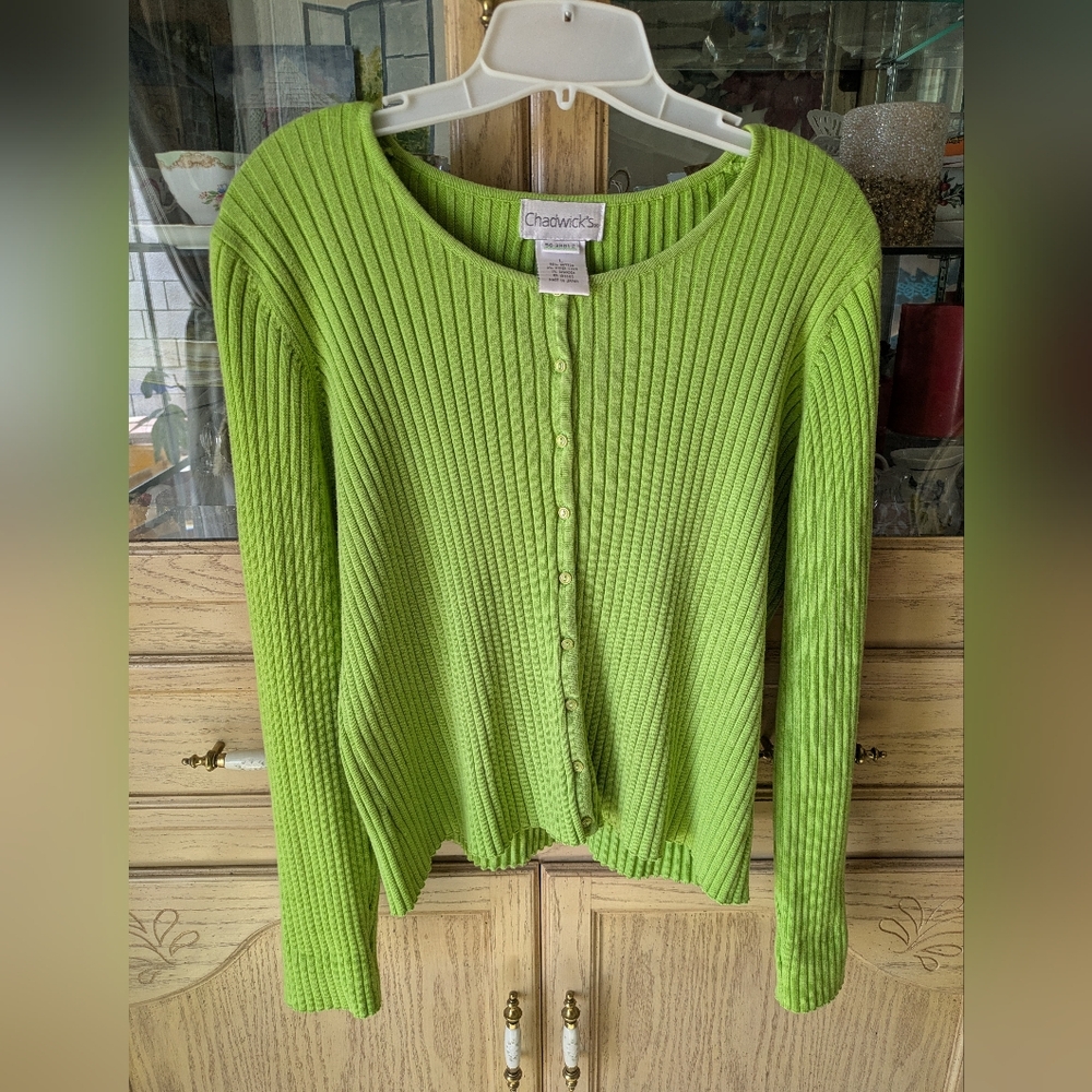 Chadwicks Vintage Ribbed Knit Green Comfy Cotton Button Down Cardigan Sweater L